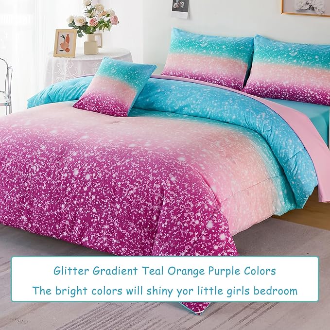 URBONUR 6Pcs Glitter Comforter Set for Girls Twin Size Gradient Tie Dye Purple Blue Bedding Set Comforter with Sheet Set, Ultra Soft and Breathable Kids Bed Set for Teen Girl