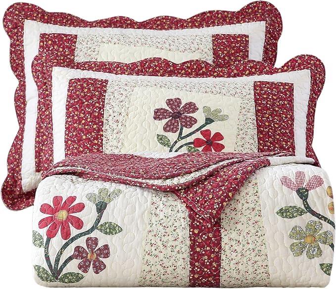vctops Christmas Red 2 Piece Embroidered Floral Quilted Bedspread Quilt Set 100% Cotton Reversible Patchwork Coverlet Set 1 Quilt and 1 Pillow Sham (Red,Twin)