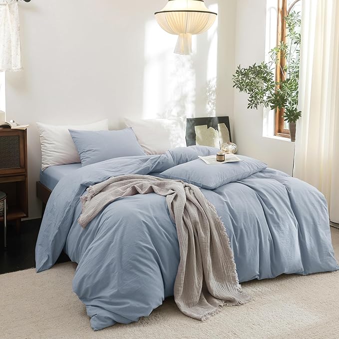 FOSSA Duvet Cover Set 100% Washed Cotton Linen Feel Super Soft Breathable Cozy 3 Pieces Bedding Sets Solid Cornflower Blue Super King