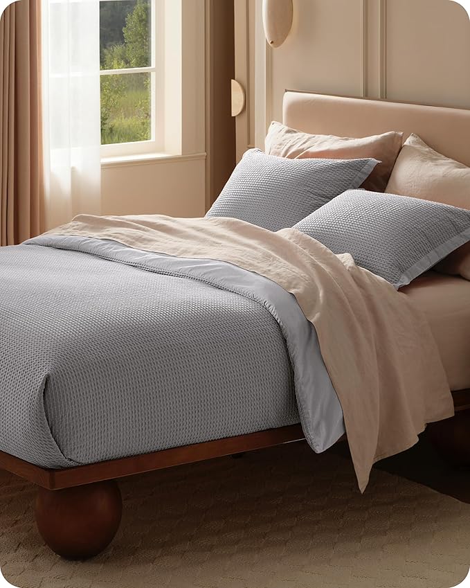 Bedsure Cotton Duvet Cover King - 100% Cotton Waffle Weave Grey Duvet Cover King Size, GentleSoft™ and Breathable Bedding Set for All Season, 3 Pieces, 104"x90"
