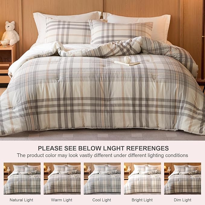 100% Cotton Comforter Set Twin Size – Reversible Yarn-Dyed Checkered Design, Soft Washed Cotton on Both Sides, Lightweight All-Season Bedding, Machine Washable(Grey White Plaid, 68”x90”)
