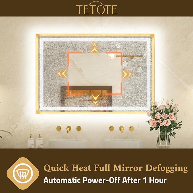 TETOTE 40 x 32 Led Mirror Brushed Gold Metal Frame Frontlit & Backlit Vanity Mirror Anti-Fog Stepless Dimmable 3 Colors White/Warm/Natural Wall Mirror with Lights Wall-Mounted