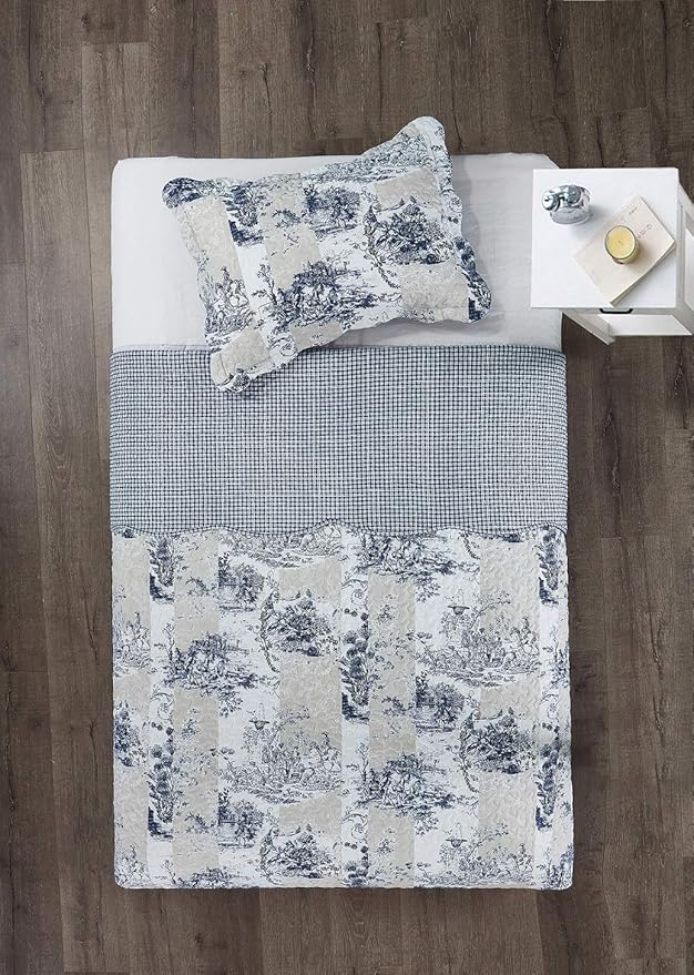 Brilliant Sunshine Blue Toile in Beige and Ivory Patches, 2-Piece Quilt Set with 1 Sham, Reversible Bedspread, Soft Lightweight Coverlet, All-Season, Twin, Blue