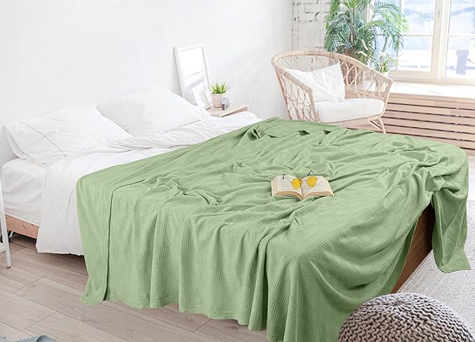 Utopia Bedding Sage Green 100% Cotton Blanket [Twin Size - 90x72 Inch] 350GSM Lightweight, Soft and Breathable Thermal Blanket for All Seasons