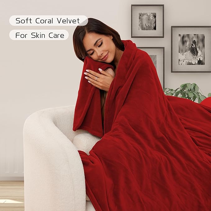 Heated Electric Blanket 62"x84" Twin Size, Soft Coral Fleece Blanket with 4 Heating Levels & 10 Hours Auto-Off, Fast Heating, Warm Cozy, Machine Washable for Home & Office - Red