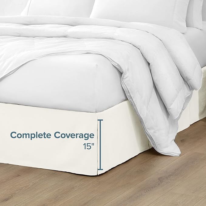 Bare Home Queen Bed Skirt - 15-Inch Tailored Drop Easy Fit - Bed Skirt for Beds - Center & Corner Pleats (Queen, Cream)