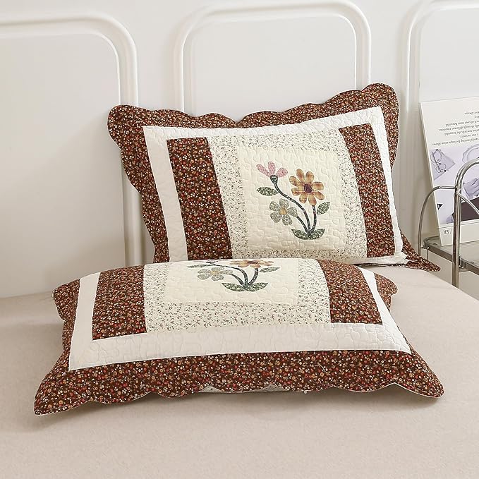 vctops 3 Piece Embroidered Floral Quilted Bedspread Quilt Set 100% Cotton Reversible Patchwork Coverlet Set 1 Quilt and 2 Pillow Shams (Coffee,King)