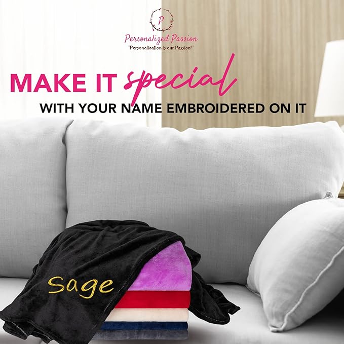 Personalized Blankets for Adults - Custom Blanket with Embroidered Name or Monogram - Soft Fleece Throw Cover for Bed & Couch - Black (40"x60")