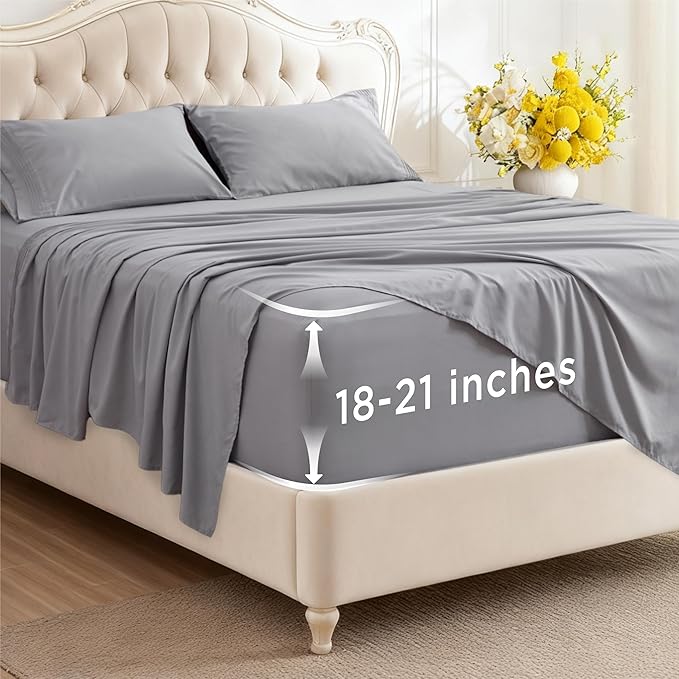 Bedsure Deep Pocket Full Size Bed Sheets Set - Fits Mattresses Up to 21 Inches Thick - 4 Piece GentleSoft Bed Sheets, Moisture Wicking, Cooling Bedsheet & Pillowcases, Easy & Secure Fit, Light Grey