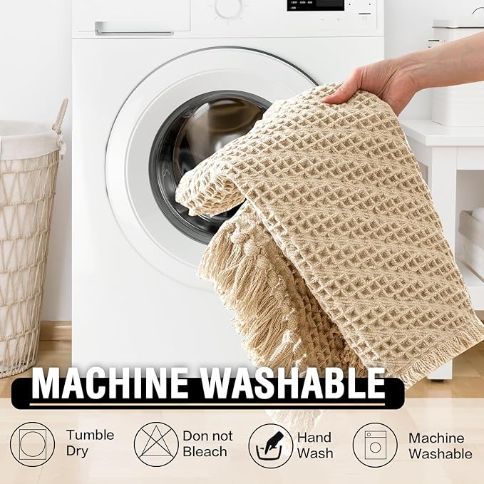 H.VERSAILTEX Waffle Bath Mat Super Absorbent Boho Bath Mat Non Slip Bath Rugs for Bathroom Floor Machine Washable Dry Fast Bathroom Rugs with Tassels, 17" x 24", Sand