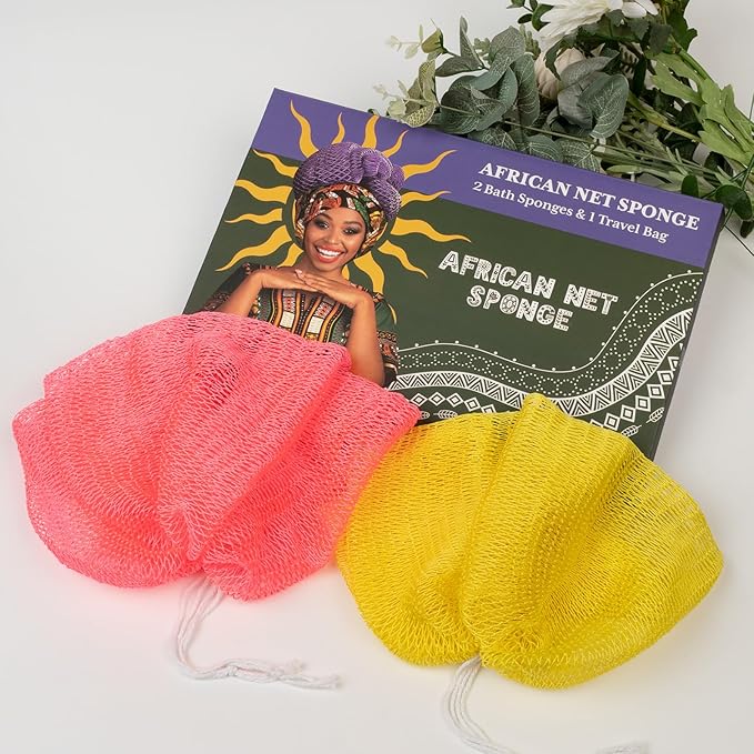 African Net Sponge Authentic with Handles (Set of 2), African Exfoliating Net Sponge, Exfoliating Body Scrubber Bath Sponge - Bathing Accessories with Storage Bag (Rose & Bright Yellow)