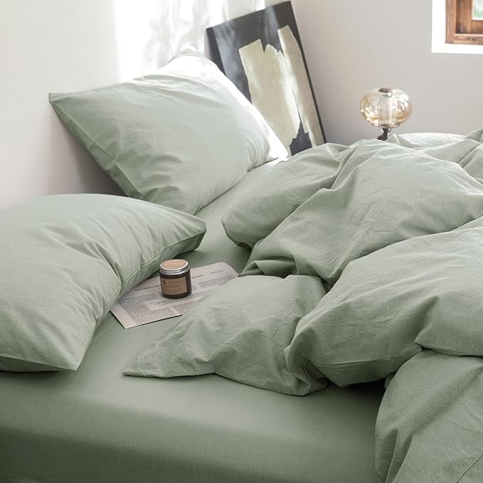 FOSSA Duvet Cover Set 100% Washed Cotton Linen Feel Super Soft Breathable Cozy 3 Pieces Bedding Sets Solid Sage Green Queen
