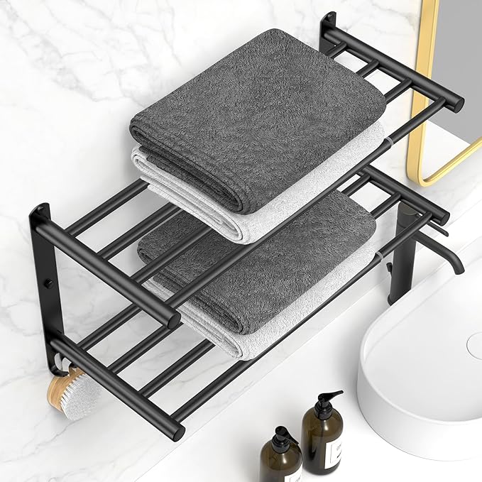 Black Adjustable Towel Bar for Bathroom Wall Mount17-30.7inch Adhesive Shower Towel Rack Stainless Steel Bath Towel Holders for Toilet Kitchen Double Towel Hanger (Black Double Towel Rack)