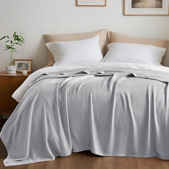 Twin Size Blanket, 70% Rayon (Derived from Bamboo) and 30% Cotton, Lightweight Jacquard Weave, Breathable and Soft Summer Blanket for Bed or Couch, 66” x 90”, Grey