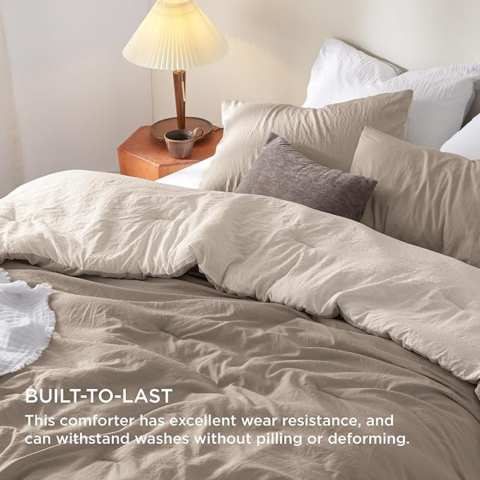 Bedsure Queen Size Comforter Set, Reversible Khaki Soft Prewashed Bedding for All Seasons, 3 Pieces Warm Down Alternative Bed Set, 1 Lightweight Comforter (90"x90") and 2 Pillowcases (20"x26")