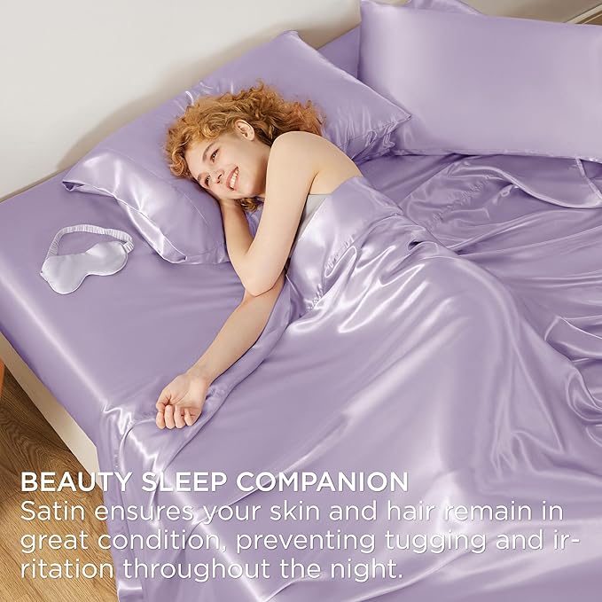 Bedsure Satin Sheets Full Size - 4 Piece Silky Bedsheets with 15 Inches Deep Pocket Fitted Bedsheet,1 Flat Sheet, 2 Satin Pillowcases, Good for Hair & Skin (Full, Lavender)