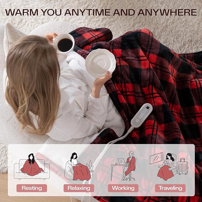 Heated Blanket Electric Throw, Heating Throw with 8 Fast Heating Levels/8 Hours Auto Off, Red Black Plaid Checkered Sherpa Blanket Warmer for Adults, Washable Blanket Gift for Couch Bed (50x60 inches)