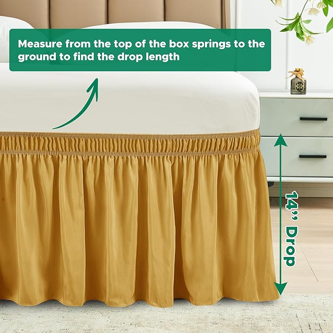 Biscaynebay Wrap Around Bed Skirts for King & Cal King Beds 14" Drop, Christmas Gold Adjustable Elastic Dust Ruffles Easy Fit Wrinkle Resistant Silky Luxurious Fabric Machine Washable