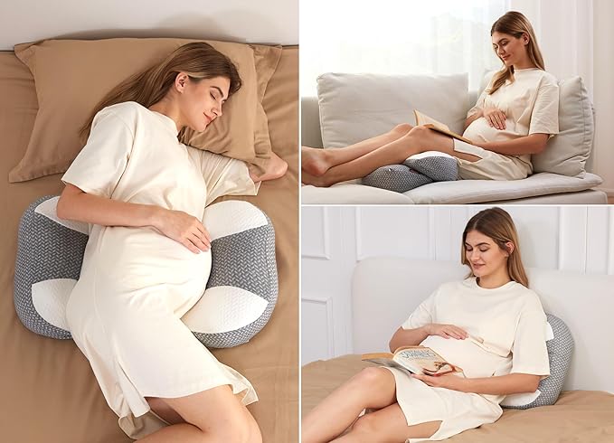Momcozy Plus W Shaped Pregnancy Pillow for Sleeping - Adjustable Maternity Pillow for Side Sleepers - Portable Wedge Belly Support -Compact Design for Back Belly and HIPS, Grey White
