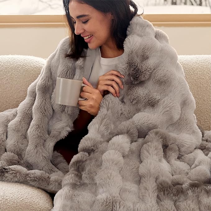 Bedsure GentleSoft Fluffy Faux Fur Blanket Twin Size, Fuzzy Soft Bubble Blanket for Couch, Faux Fur Decor for Bedroom Living Room, Thick Furry Cozy Gifts for Women, Tie-dye Brown, 60x80 Inch