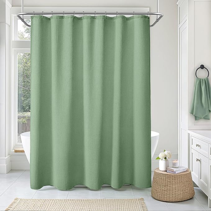 Extra Long Waffle Shower Curtain - Sage Green Cotton Texture Fabric Heavyweight Shower Curtain for Bathroom,72Wx84L