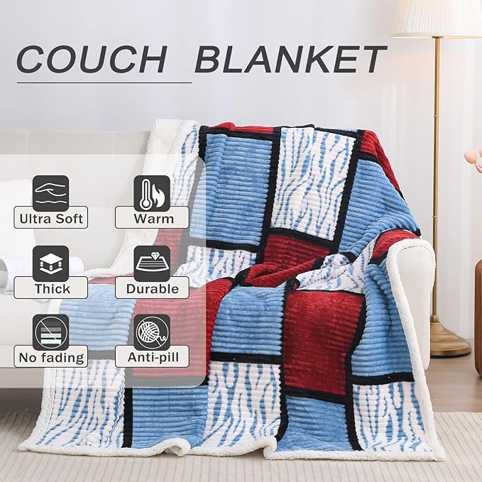 PU MEI Sherpa Blanket Fleece Throw Blanket Queen Plaid Thick Bed Blanket, Soft Warm Cozy Throw Blanket, 80”*90” Zebra-Wine Blue