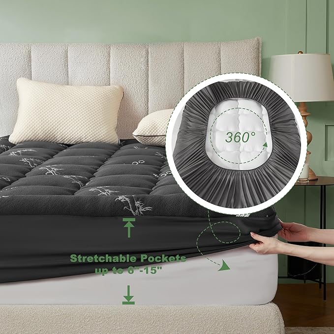 BEDLORE Twin Mattress Topper Viscose Derived from Bamboo, Thick Pillow Top Mattress Pad with Stretchable Pockets for 6"-15" Mattress, Soft Breathable Mattress Topper for Back Pain Relief(Dark Gray)