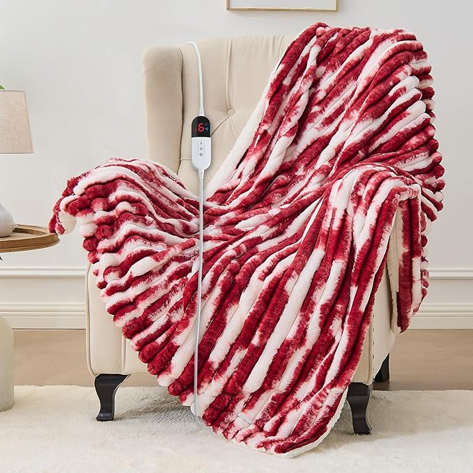 Heated Blanket Throw - 50"x60" Fast Heating Bed Electric Blankets Throw with 6 Heating Levels & 4 Hours Auto Off, Soft Ribbed Faux Fur Sherpa, Over-Heated Protection ETL, Red