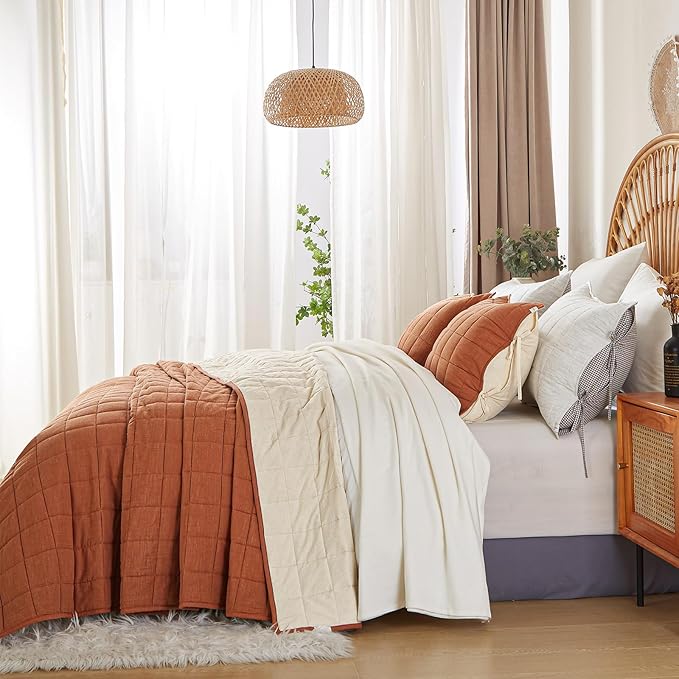 Burnt Orange Quilt King Size， Cotton Linen King Quilt Bed Spreads，3-Pieces King Size Quilt Bedding Set with Cream Stripe Coverlet Lightweight Bedding Comforters with 2 Pillow Shams