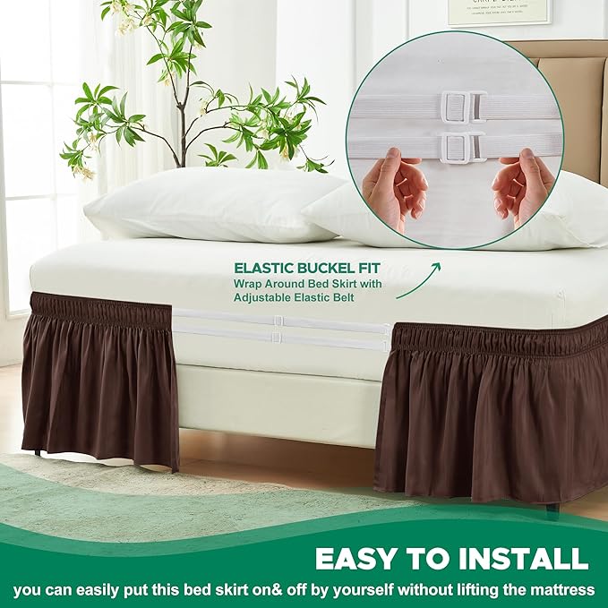 Biscaynebay Wrap Around Bed Skirts for King & Cal King Beds 18" Drop, Brown Adjustable Elastic Dust Ruffles Easy Fit Wrinkle Resistant Silky Luxurious Fabric Machine Washable