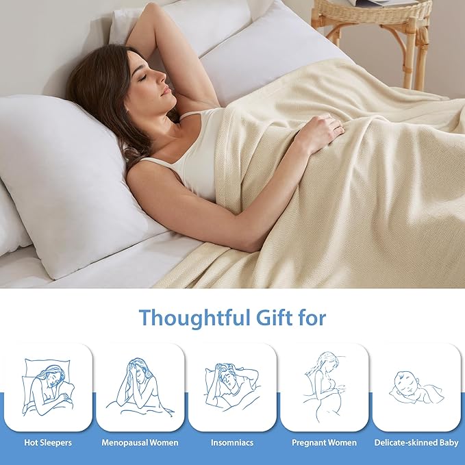 Queen Size Blanket, 70% Rayon (Derived from Bamboo) and 30% Cotton, Lightweight Jacquard Weave, Breathable and Soft Summer Blanket for Bed or Couch, 90” x 90”, Ivory