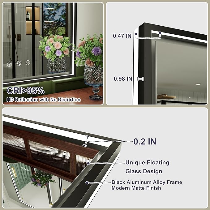 20x28 Inch LED Bathroom Mirror with Front and Back Lighting, 3 Color Temp, Dimmable, Anti-Fog, Black Aluminum Frame Wall Mounted Lighted Bathroom Vanity Mirror