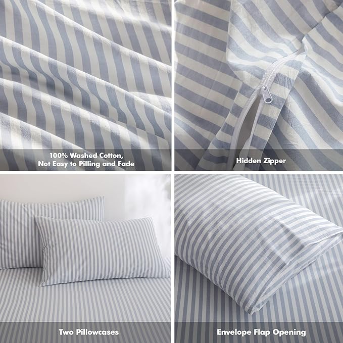 FOSSA Striped Duvet Cover Set 100% Washed Cotton Linen Feel Super Soft Breathable Cozy 3 Pieces Bedding Sets Cornflower Blue White Classic Stripes Queen