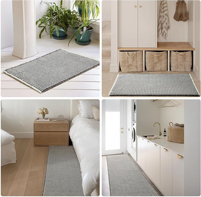 Waffle Runner Rug Bathroom, Long Boho Bathroom Rugs Non Slip Washable Super Absorbent Quick Dry Farmhouse Bath Decor, 72"x24" Grey and White