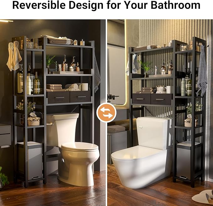 Over The Toilet Storage with 2 Drawers - 7 Tier Bathroom Organizer with Adjustable Shelf, Freestanding Space Saver Storage Rack Above Toilet Stand with 4 Hooks for Restroom, Laundry, Black