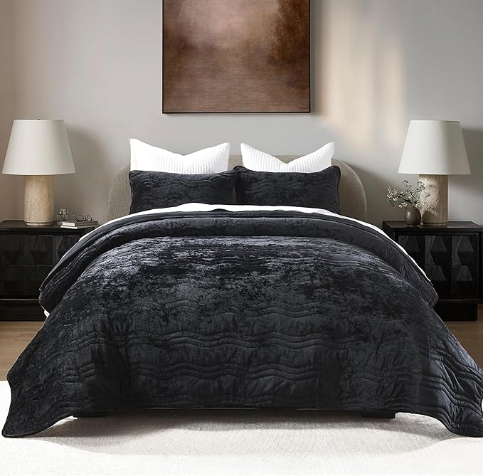 Luxury Velvet Queen Comforter Set, Black Queen Size Comforter Sets, Black Queen Quilt Bedding Set, Luxurious Plush Bedspreaqd Sets, Soft Lightweight Quilts Queen Size for All Season