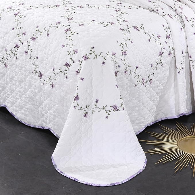 Quilt Set Purple Floral 3D Embroidery Pattern 3 PCS 100% Cotton Reversible Quilted Embroidered Decorative Bedspreads Coverlet Set, Lightweight &Soft King Size White Bedding Coverlet for All Season