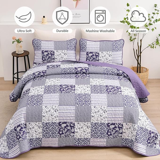Mybedsoul Purple Quilt Set Twin Size, 2 Pieces Plaid Floral Bedspread Set Patchwork Reversible Bedding Set Microfiber Lightweight Bedspread Coverlet Set for All Season 68"x86"