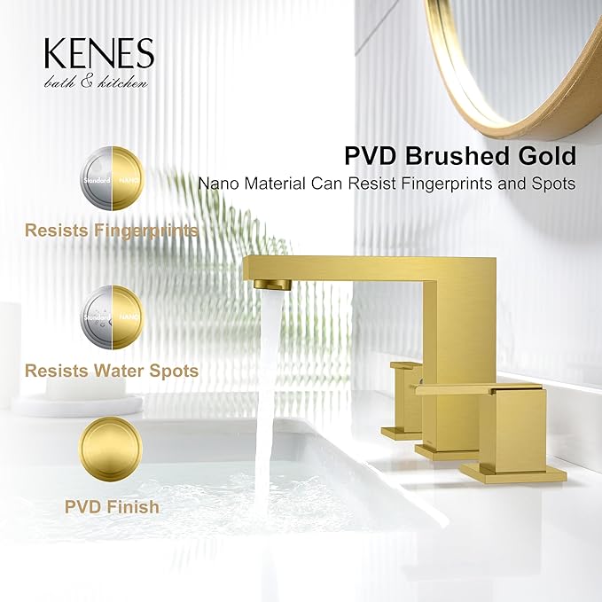 KENES Brushed Gold Widespread Bathroom Faucet 3 Hole Bathroom Sink Faucet Gold Two Handle, 8-Inch 3 Pieces Bathroom Vanity Faucet with Pop Up Drain & Supply Lines, KE-9050-4-P