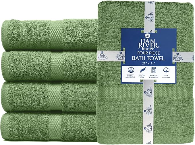 DAN RIVER Bath Towels Set of 4, 27 x 54 Inches, 100% Cotton, Larger & Lighter Weight, Quicker to Dry, Super Soft and Absorbent, Ideal Large Bath Towel for Daily Use, Sage Green
