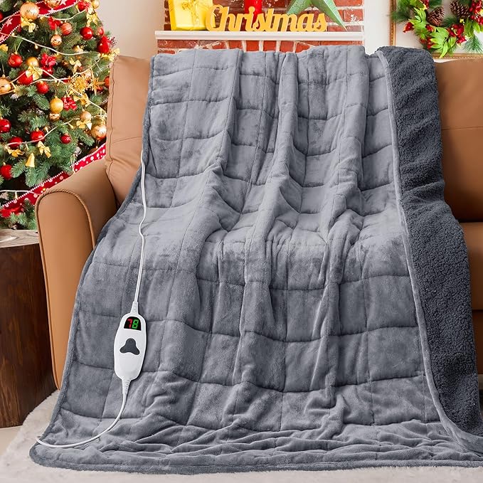 CYMULA Heated Weighted Blanket for Adults, Weighted Heated Blanket 50" x 60", 13lbs Sherpa Fleece Weighted Electric Blanket Soft Heating Blanket with 10 Heating Levels & 1-8 Hours Auto Off, Light Gray