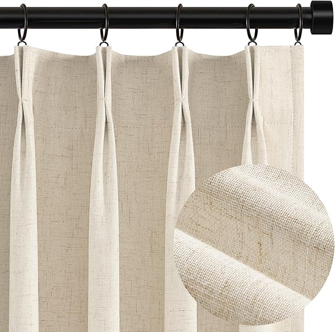 Topfinel 92 Inches Long Custom Tan Black Out Custom Drapery Panels, Burlap Opaque Pinch Pleated Window Coverings, Cream Farmhouse Back Tab Curtains