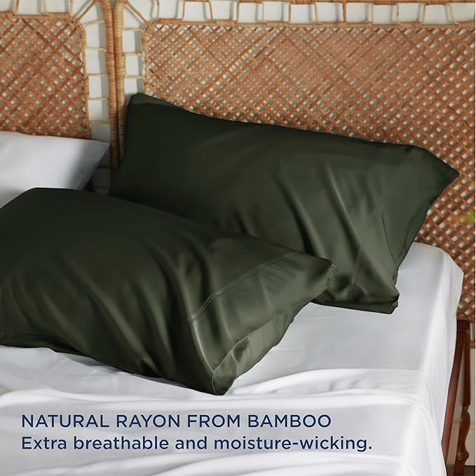 Bedsure Pillow Cases Standard Size, Cooling Pillow Cases, Rayon Derived from Bamboo Olive Green Pillowcases Standard Set of 2, Breathable & Soft Pillow Covers with Envelope Closure, 20x26 Inches