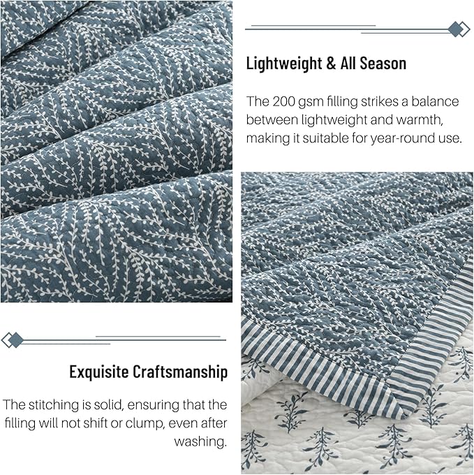 Quilt Set Queen Size - 100% Cotton Blue and White Quilt, Floral Reversible Bedspread Bedding Set, Lightweight Botanical Pattern Coverlet with 2 Pillow Shams, 3-Piece All Season, 90x98