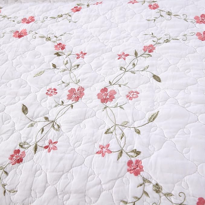 Quilt Set Circular Floral 3D Embroidery Pattern 3 PCS 100% Cotton Reversible Quilted Embroidered Decorative Bedspreads Coverlet Set, Lightweight &Soft King Size White Bedding Coverlet for All Season
