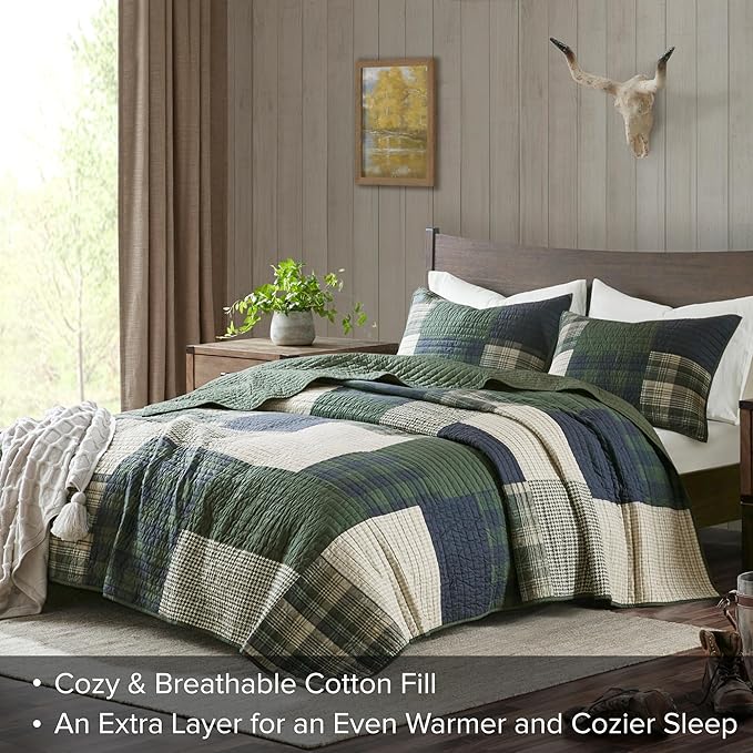 Woolrich Quilt Set Patchwork Channel Quilting, Cottege Coverlet for Twin Size Bed All Seasons, Lightweight Prewashed Cotton Coverlet Bedspread, Shams, Mill Creek, Oversized Twin/Twin XL Green 2 Piece