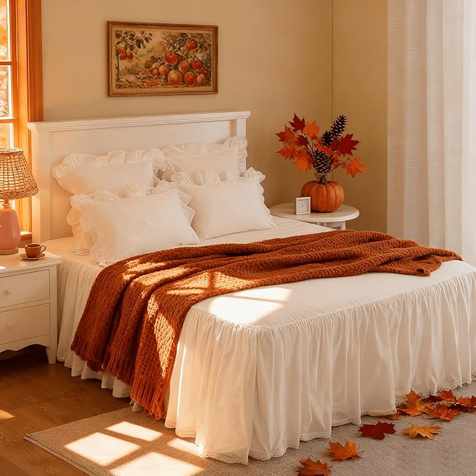 Twin Size 14" Drop - White Lightweight Cotton Bed Skirt with Crochet Edge - Dust Ruffle with Split Corner - Soft, Elegant, Breathable Bedding Accessory