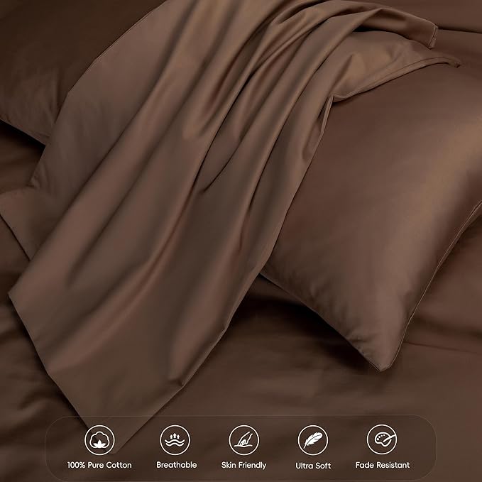 MooMee Duvet Cover Set 100% Extra Long Staple Cotton 600 Thread Count Silky Sateen Smooth Luxury Soft Breathable Durable Hotel Quality Bedding, 3 Pieces (Chocolate Brown, Super King 108"x98")