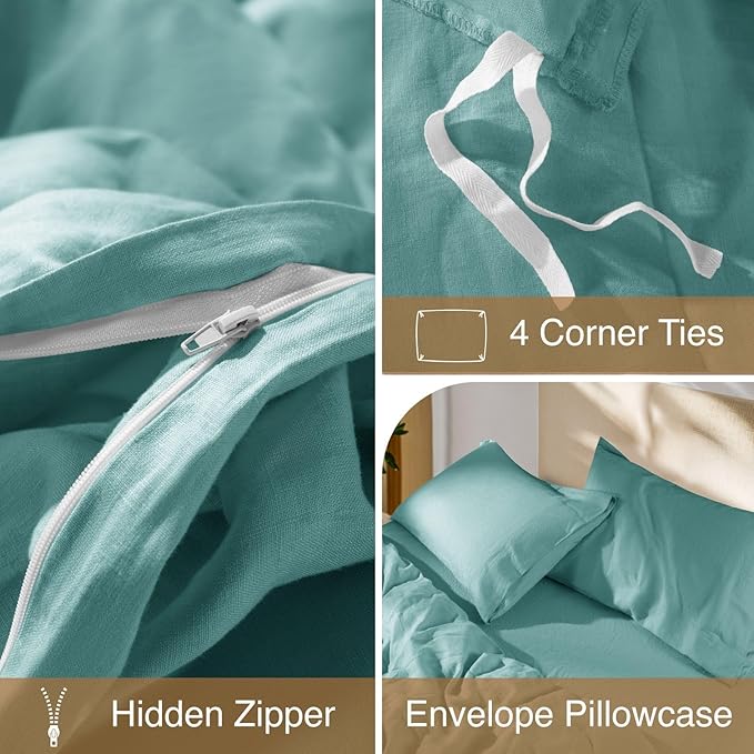 SONORO KATE 100% French Linen Duvet Cover Queen Size, Soft Breathable for Hot Sleepers, Moisture Wicking & Durable Cover Set - Zipper Closure & 4 Corner Ties Duvet Covers 3 Piece (Aqua,Queen)