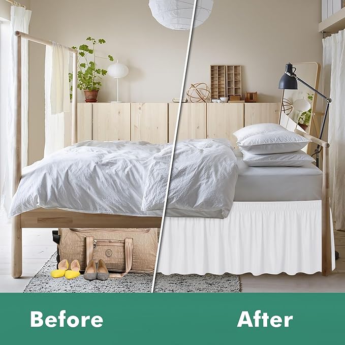 Biscaynebay Wrap Around Bed Skirts with Split Corners for King Beds 12" Drop, White Adjustable Elastic Dust Ruffles Easy Fit Wrinkle & Fade Resistant Silky Luxurious Fabric Machine Washable
